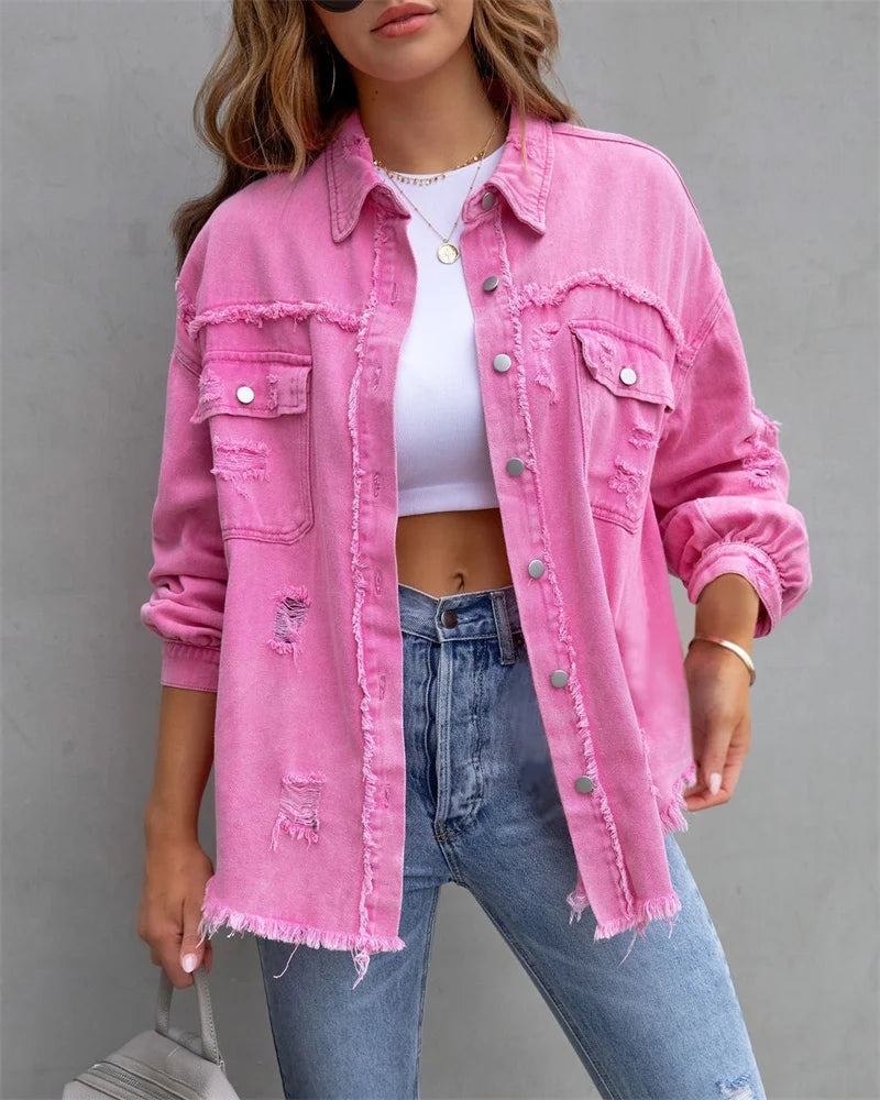 Raw-edged Denim Jacket Shirt Style Denim Casual Outerwear.   S-2x