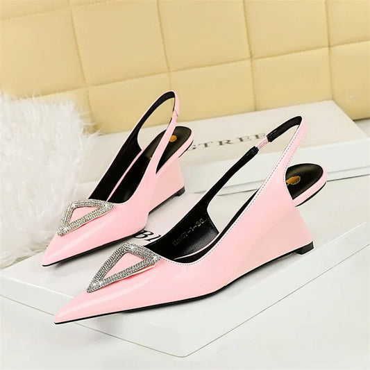 Women Wedge Shoe High Heel Pointed Toe, Back Straps Patent Leather Triangle Metal Crystal Buckle Pumps