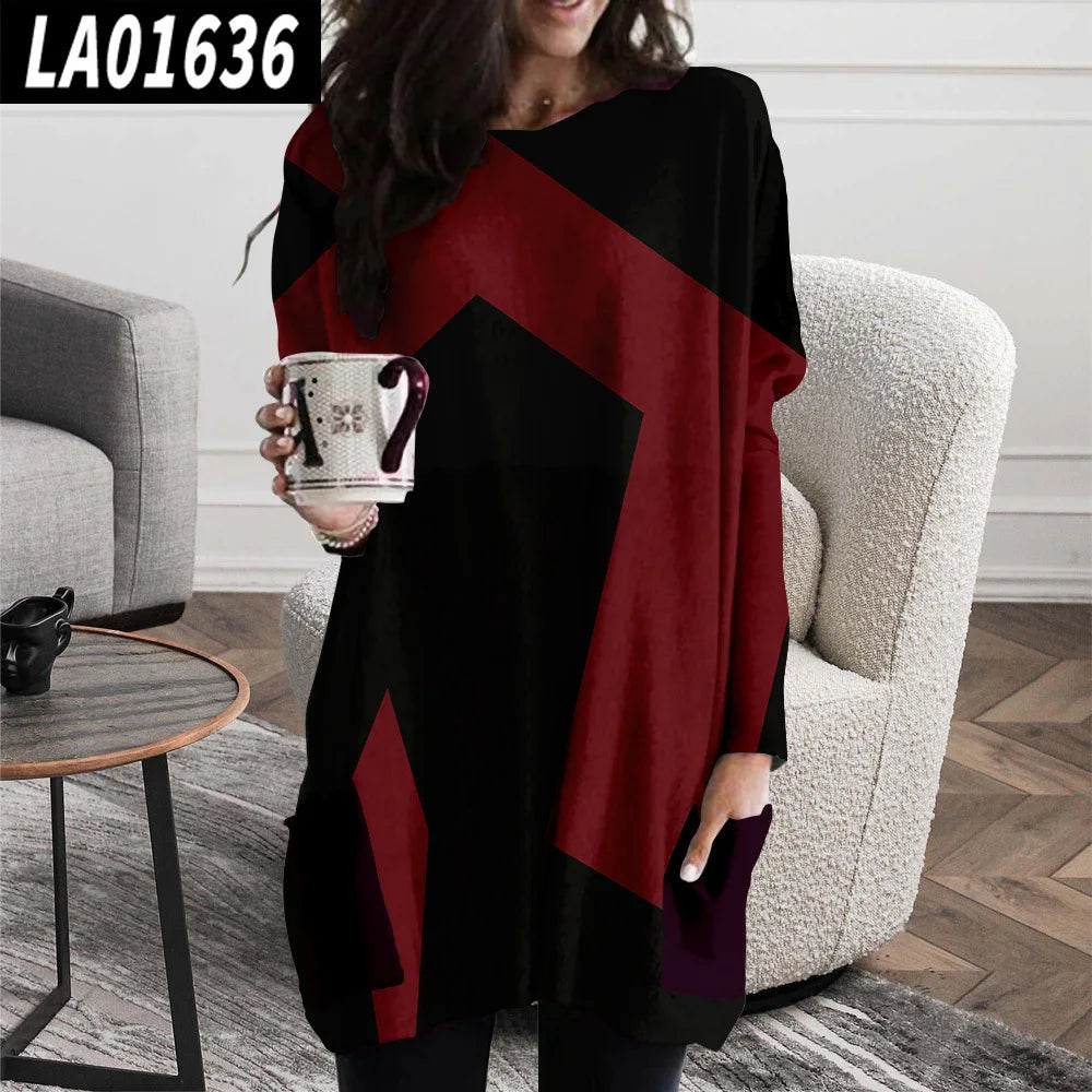 Women's Casual Geometric Print Dress Fashionable Round Neck Long Sleeve Loose Dress 2025 Spring New Style Comfortable Home Wear