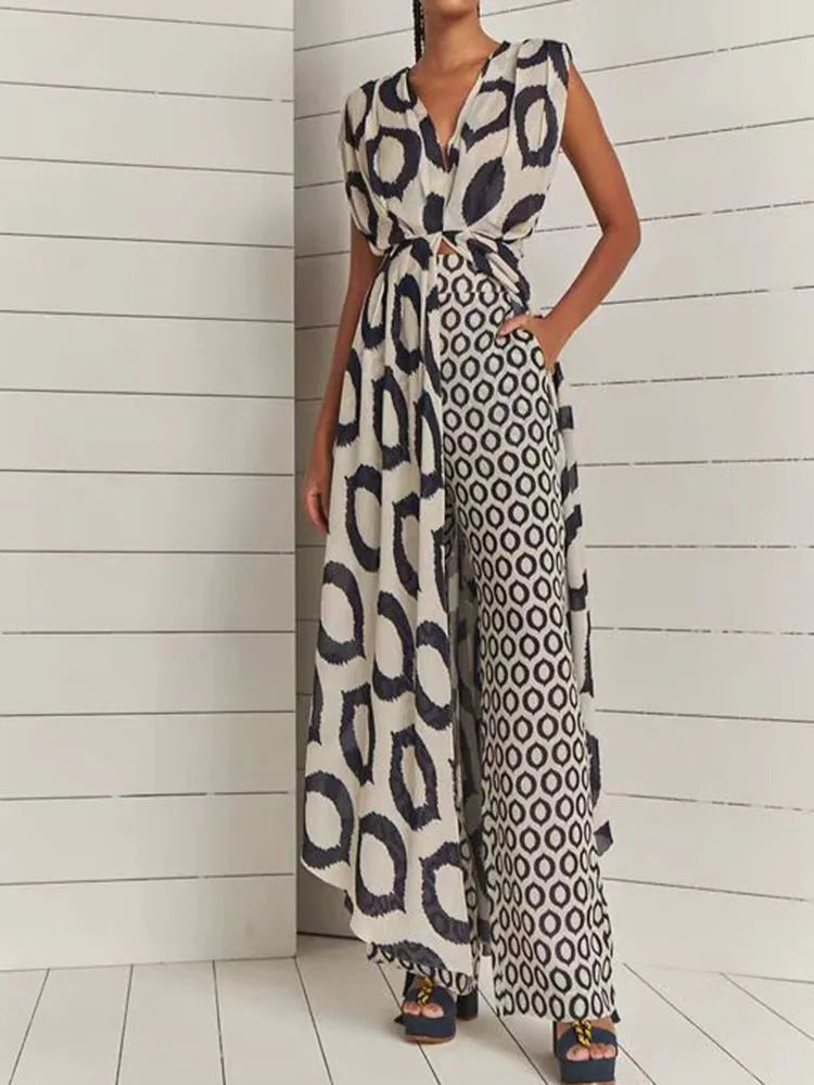 Boho Two-piece Women's Elegant Printed Sleeveless V-Neck Lace Loose Pants Suit