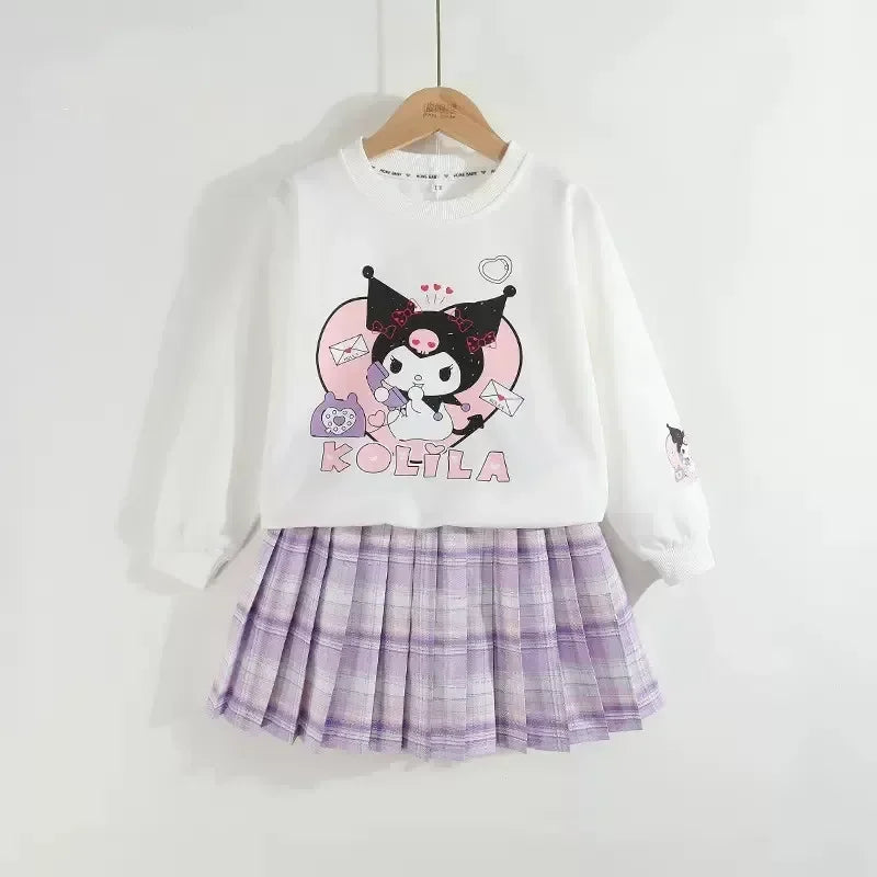 Kids Clothes Set Spring Autumn Children Kuromi Long Sleeved Sweater Tops+Checkered Pleated Skirt 2pce Teen Girls Preppy Clothing