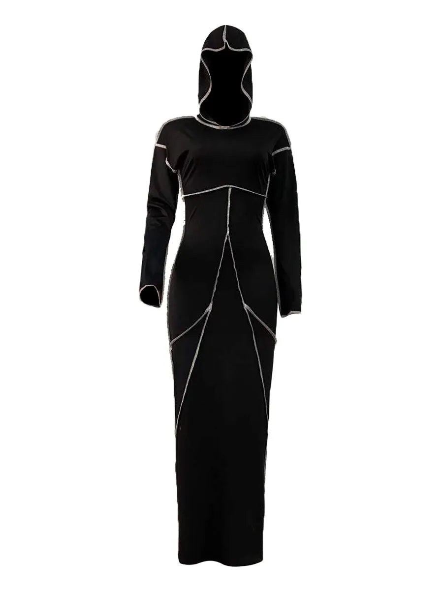 Curvy Size Hooded Body-Con Collar Dress, Detailed Stitching.