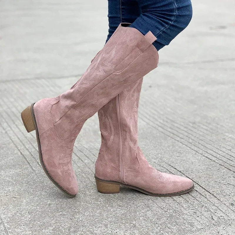 Women's Fashion Chunky Heeled Cowboy Boots Zipper Style Pointed Toe