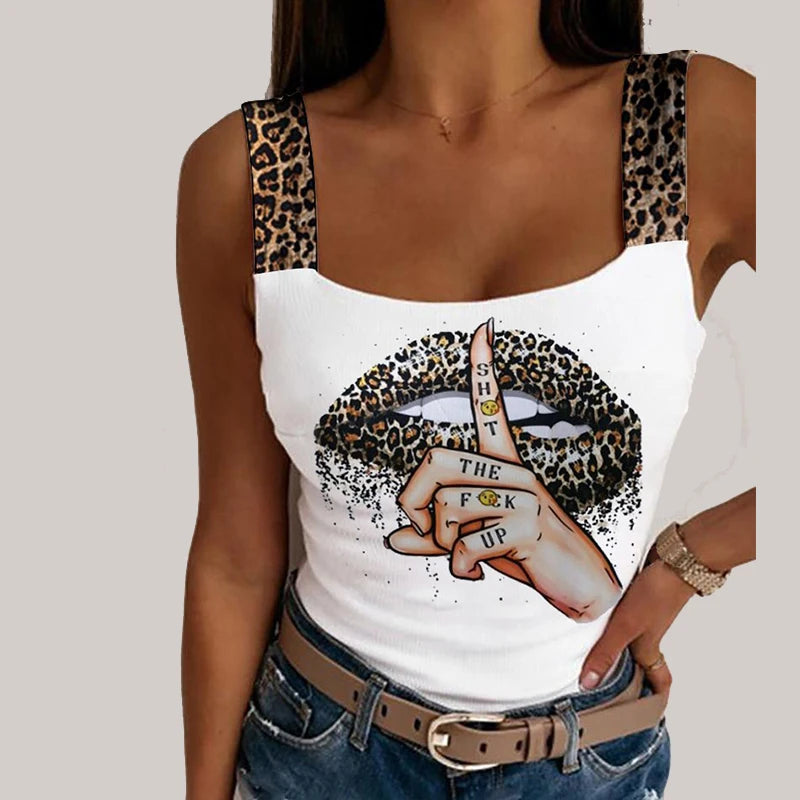 Women's Leopard Lips Print Sleeveless Top. S-3xL