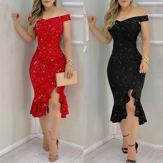 Women's Fashion Sexy Summer Off Shoulder  Short Sleeve Sequin Ruffle Irregular Elegant Dress.  S-2X