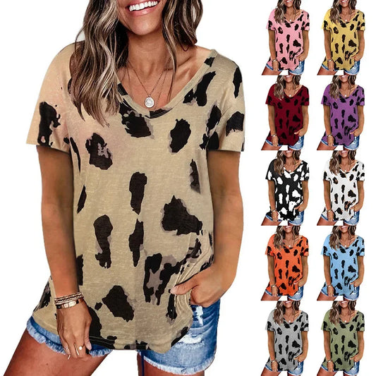 Summer Hot Sale Of The Season Women's Loose Casual V-neck Short Sleeve Leopard Print Top Fashion Style