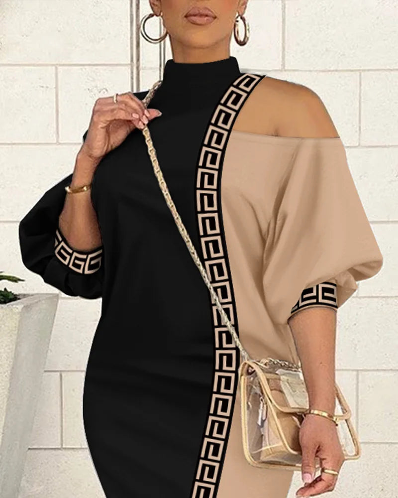 Sexy Cold Shoulder Lantern Sleeve Loose 2025 Summer Women Half Sleeve Cutout Colour-block Midi Dress.. S-XL