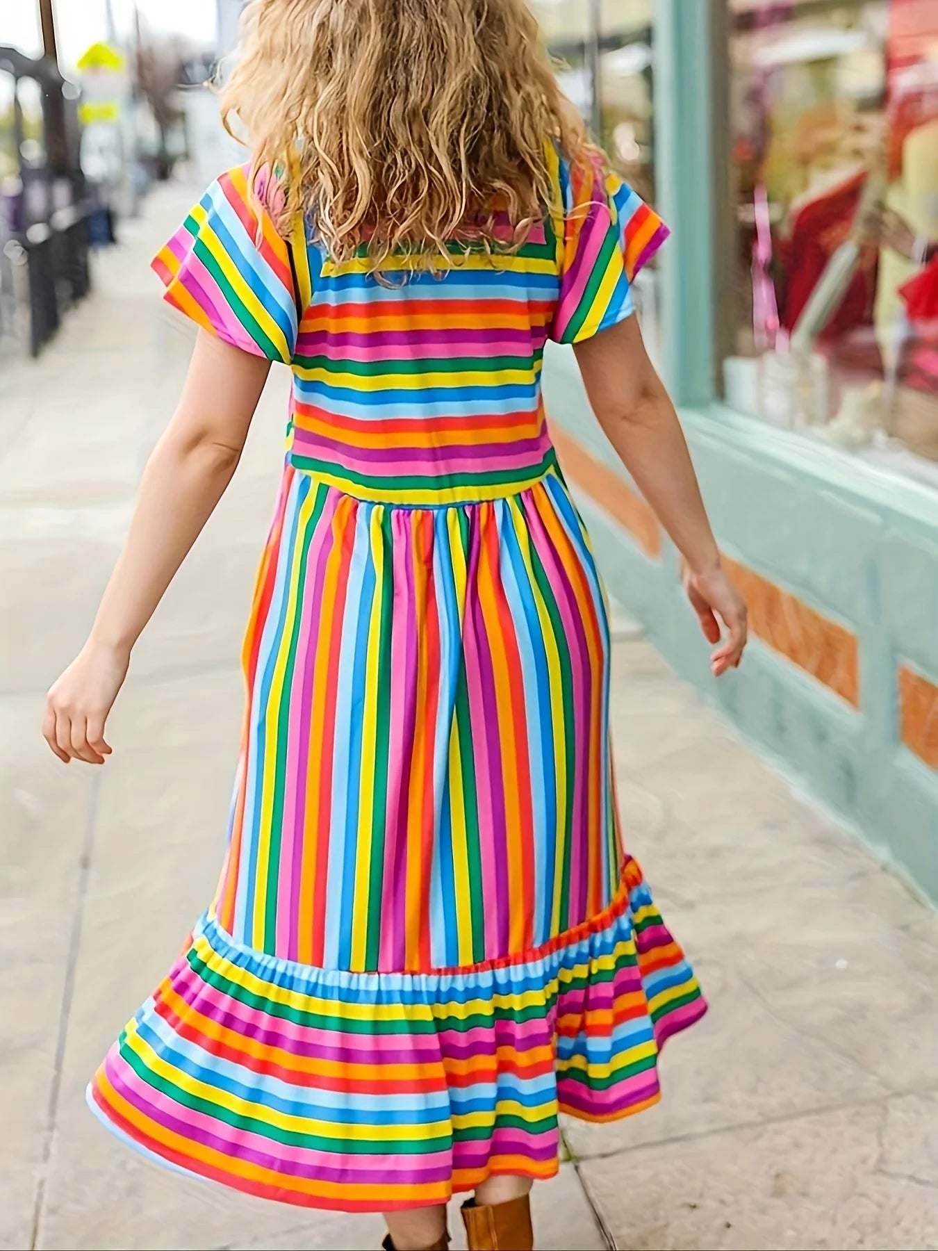 Plus Size1XL-5XL V-neck Rainbow Print Dress Loose Lotus Sleeve A-line Skirt Milk Silk Fabric Elastic Comfortable Breathable Ball