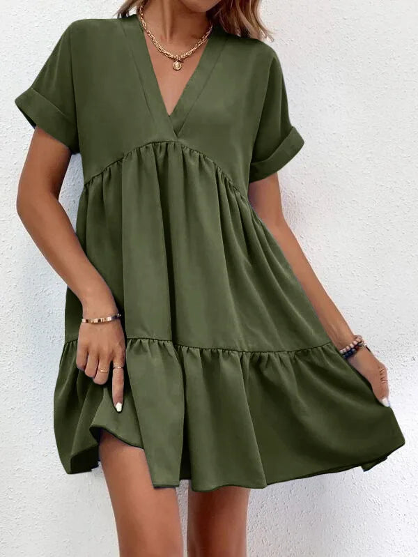 Women's Casual Short Skirt Fresh  Sweet V-neck Cake Solid Color Big Swing Elegant Summer New Solid Color Holiday Mini Dress