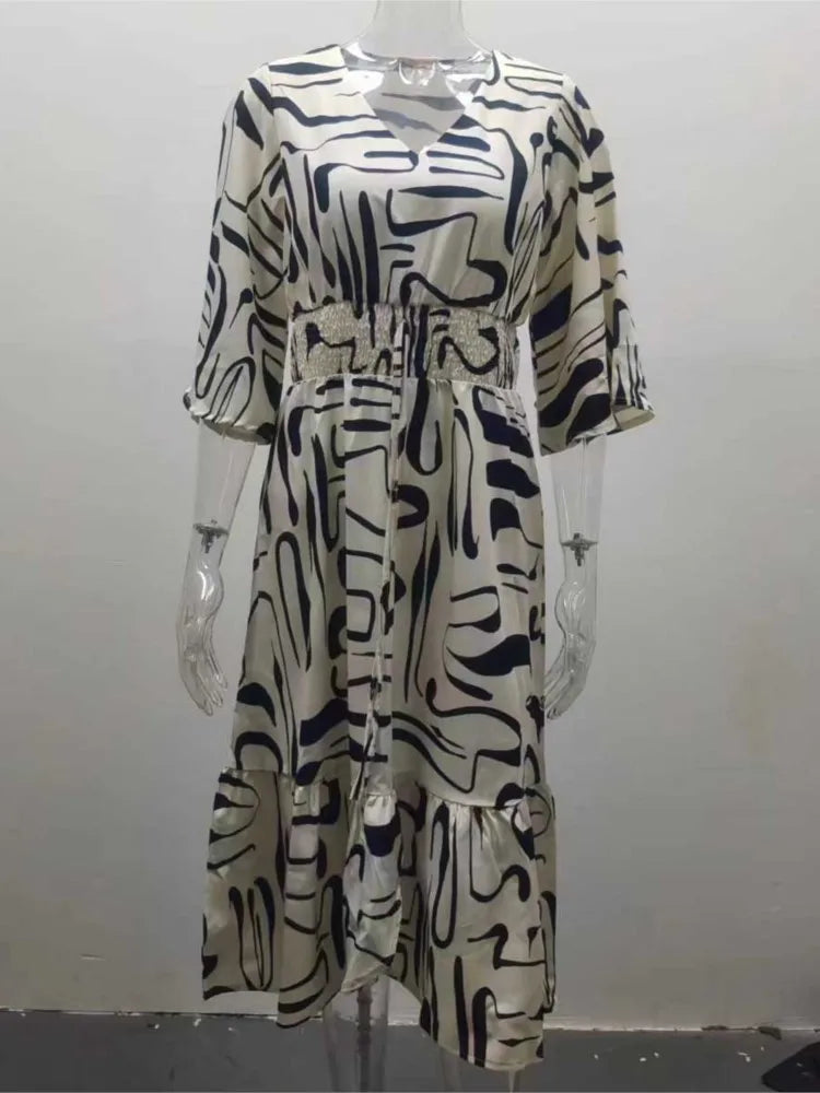 Long Dress Printed Elegant Women Elastic Waist Casual Half Sleeve A-line Dress.  S-3X
