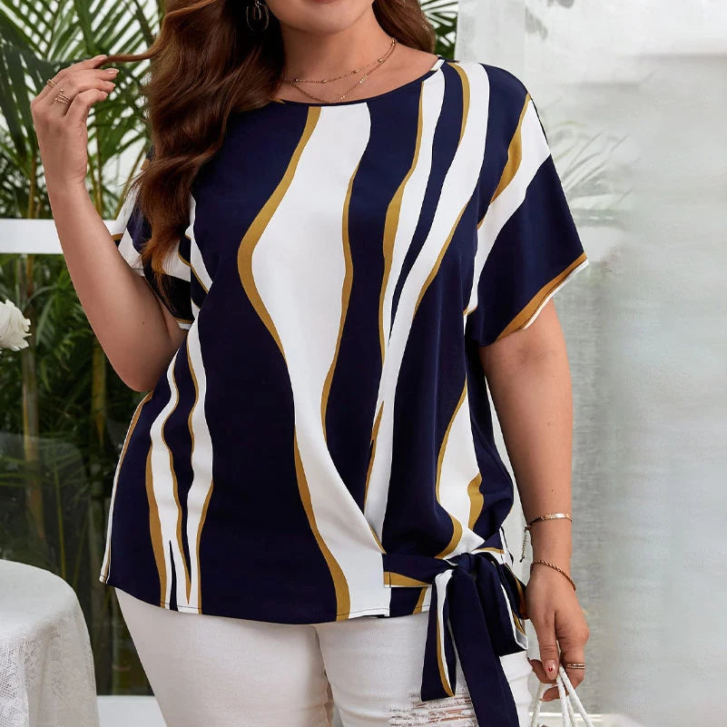 Plus Size Women's Striped Printed Short-Sleeved Crew Neck Elegant Tops with Side Knotted Design.