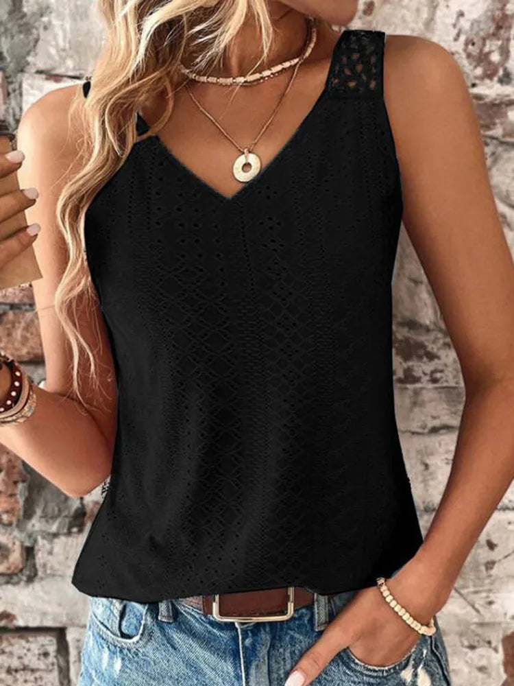 New Ladies Summer Blouse/Tank Back Hollow V-neck Casual Wear