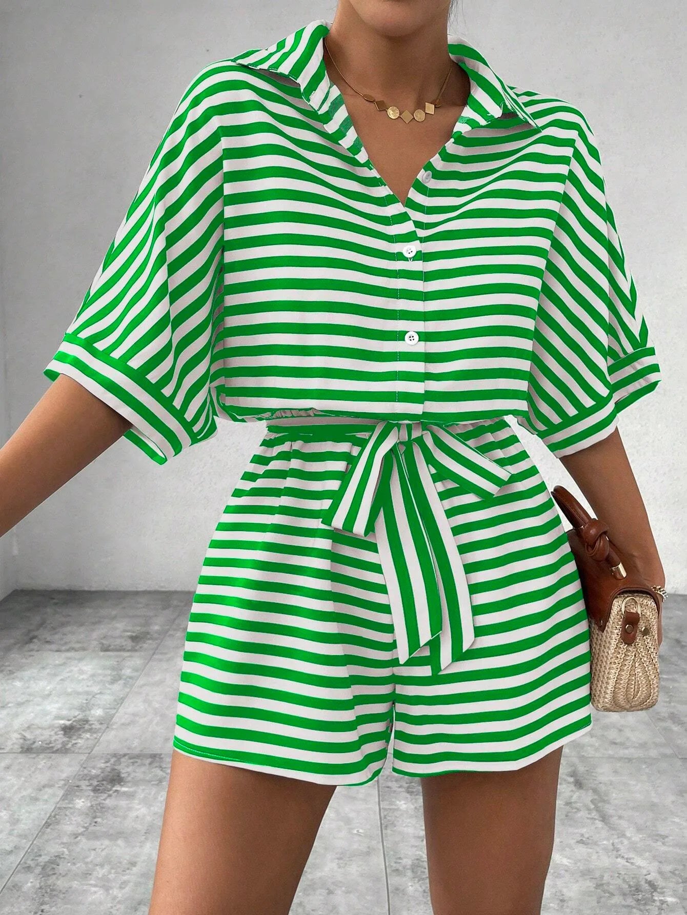 Summer New Set For Women's Casual Loose Comfortable Outfit Fashion Striped Shirt Top+ Shorts 2-piece Set.  S-2X