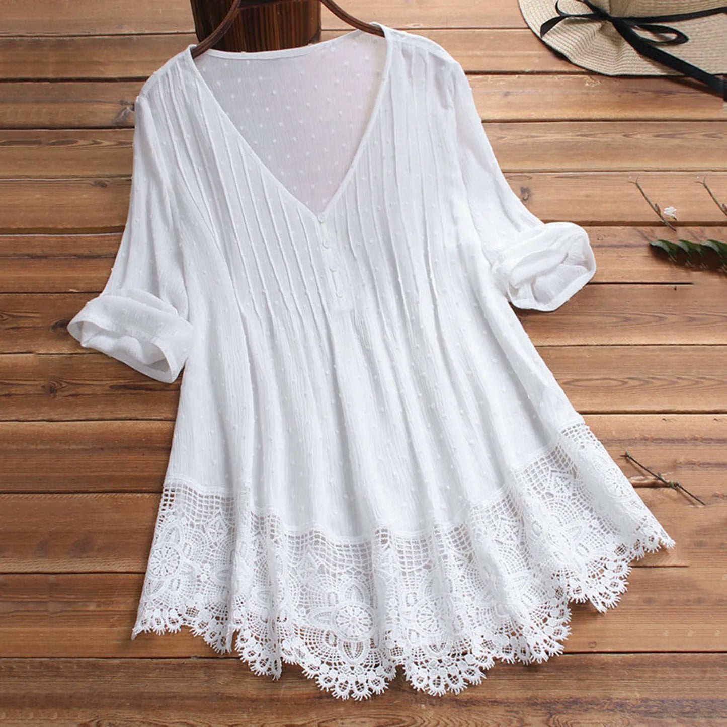 Curvy Spring Summer Cotton Lace Blouse Crochet Lace 3/4 Sleeve V Neck Loose Top