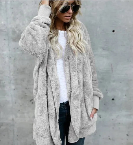 Double Fleece Cardigan Solid Colour Long Sleeve Plush Warm Hooded Lady Oversized Outerwear Coat.  S-5X