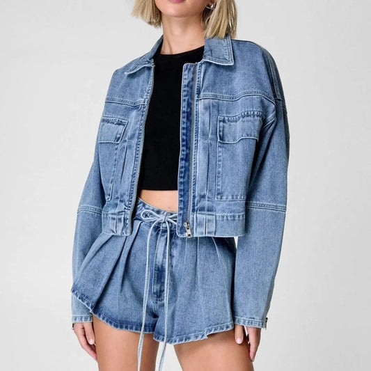 Women's Denim Two-Piece Set 2025 Spring Summer Outfit Fashion Pockets Jean Jacket+Loose Shorts New Matching Set.  S-XL