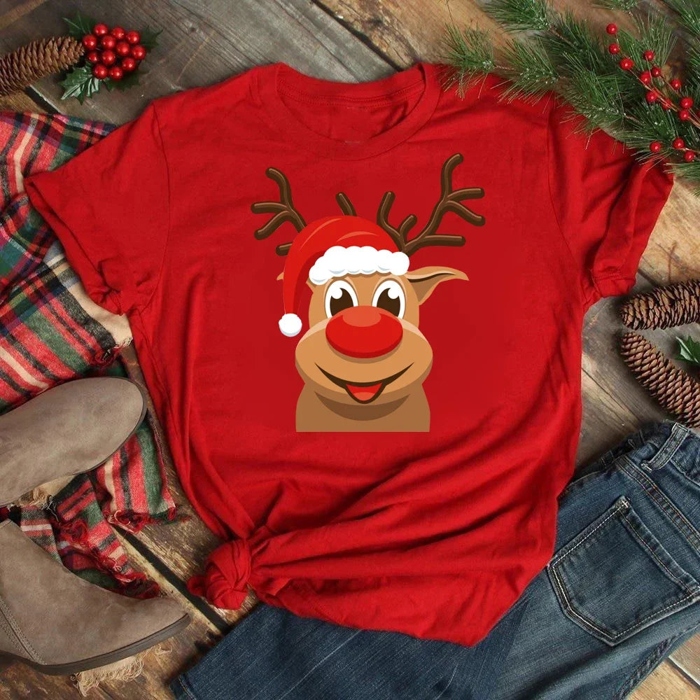 Women's Kawaii Christmas Top - Santa Claus & Deer O-Neck Y2K T-Shirt.  S-3X
