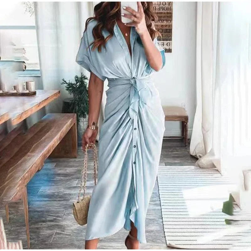 Summer Fashion Printed Short Sleeve Dress Vintage Waist Tie-up Button Bandage Long Dress.  S-3x