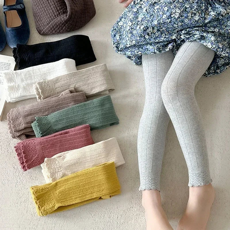 Spring Autumn Baby Pants - Newborn Girl Trousers Solid Lace Ruffle Cotton Student Uniform Legging 1-12 Years