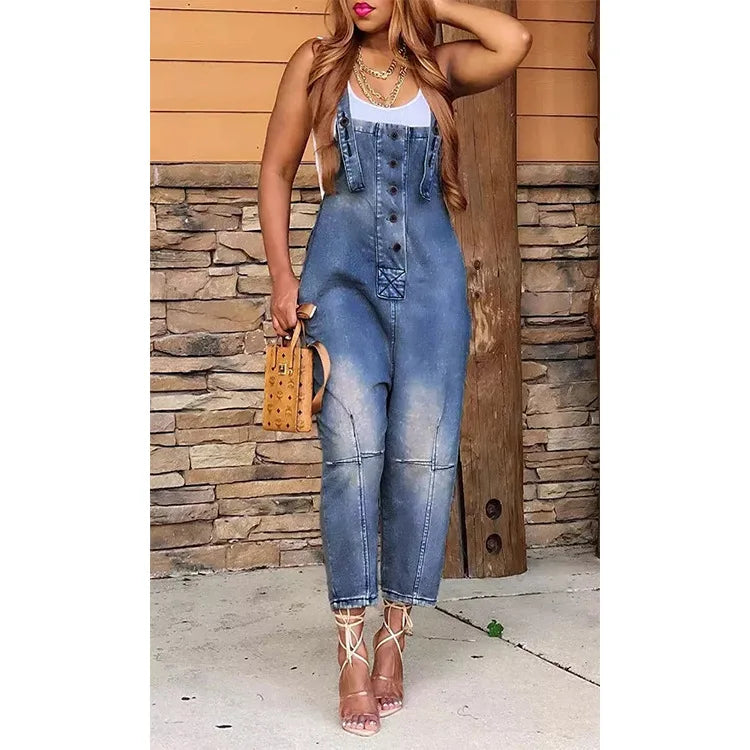 Women One Piece Denim Overalls Sleeveless Straight Romper Casual  Ladies Jumpsuit.  S-3X