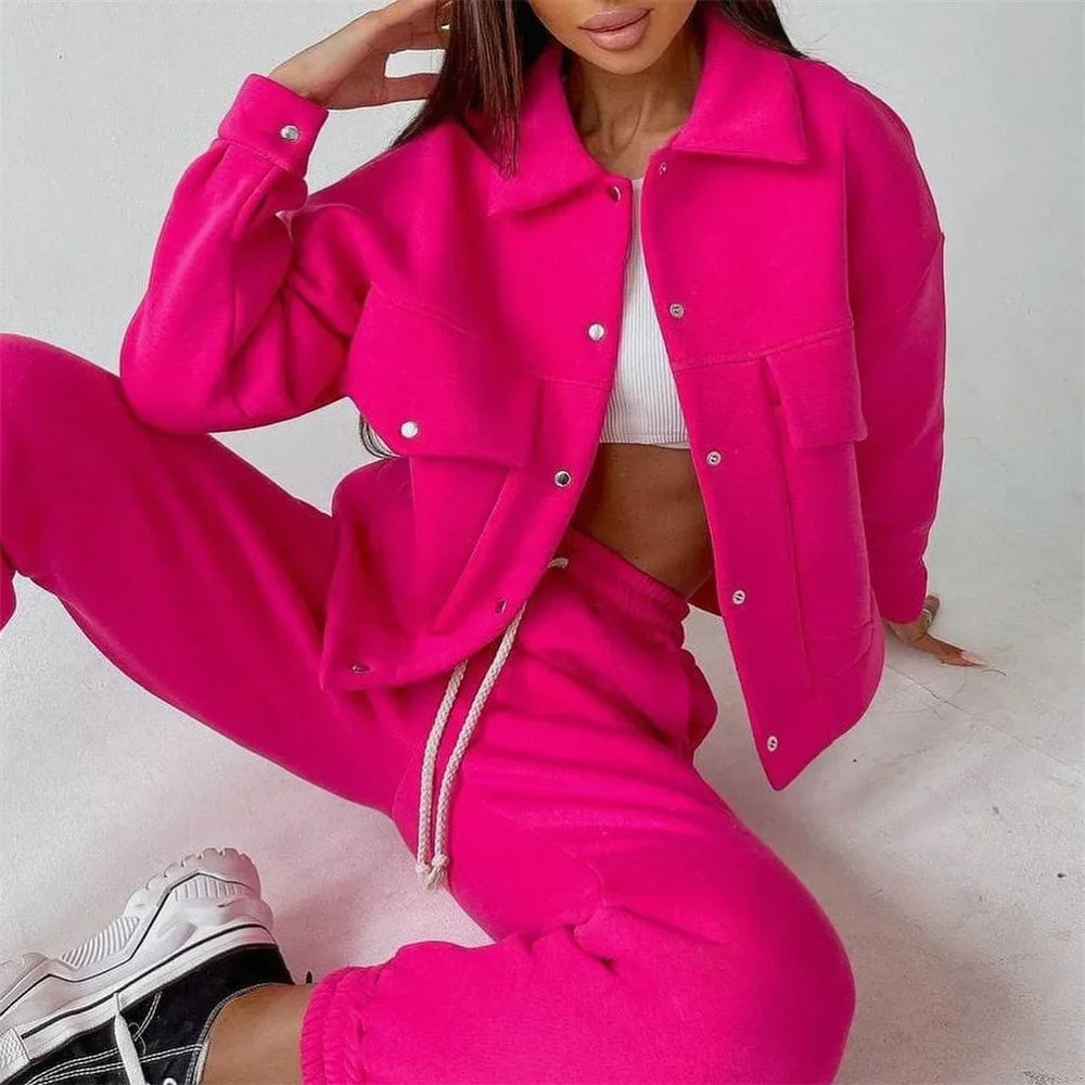 Ladies Casual Track Suit Matching Set Button Jacket Pocket Pants With Drawstring.