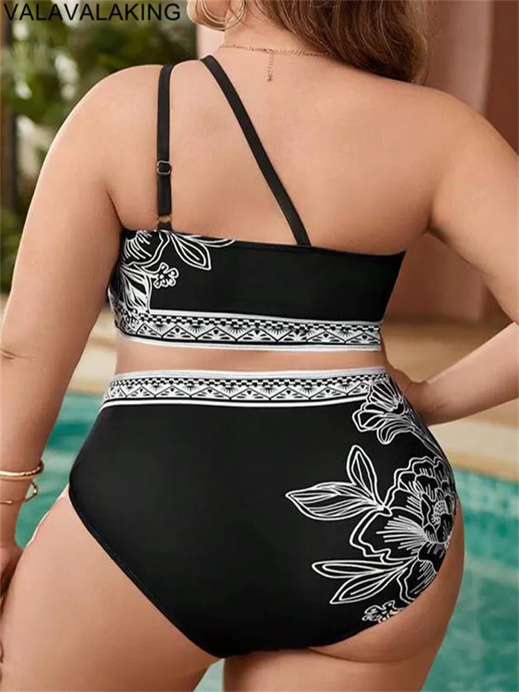 2025 Curvy Size One-shoulder Two Piece Bikini High Waist Swimsuit.