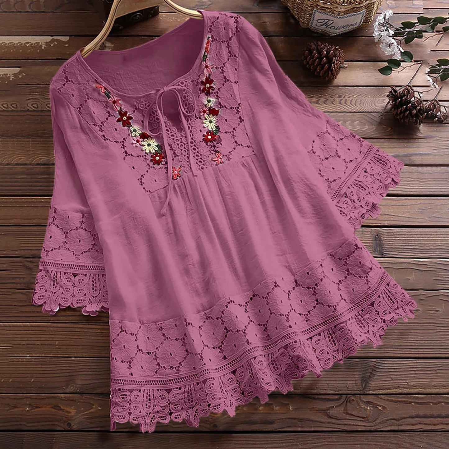 Ladies Solid Cotton And Linen Stitching Lace Flower V-neck Loose Fit Blouse.