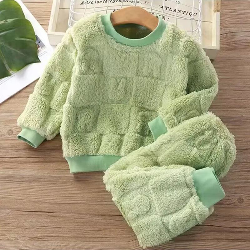 Autumn and Winter Flannel Children's Unisex Plush Thick Warm Lounge/Sleep Wear Set