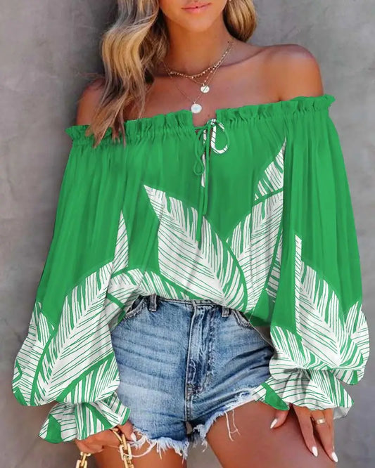 Trendy Print One Shoulder Women Off Shoulder Flared Long Sleeve Blouse.  S-2X