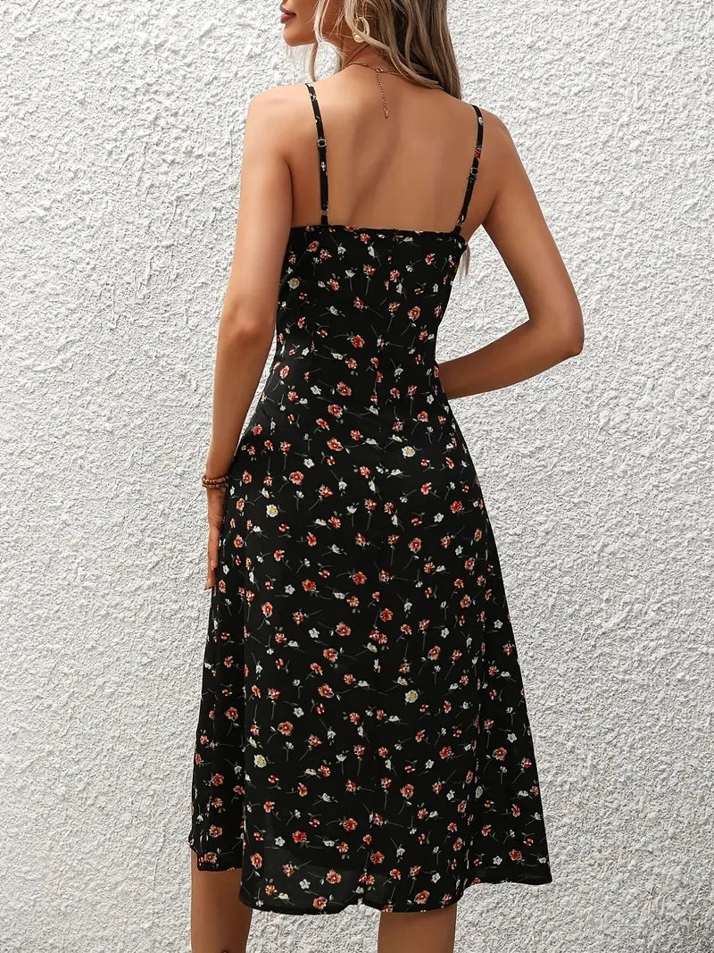 Women's Floral Print Spaghetti Strap Summer Boho Dress Elegant Square Neck Slit Dress.  S-2x