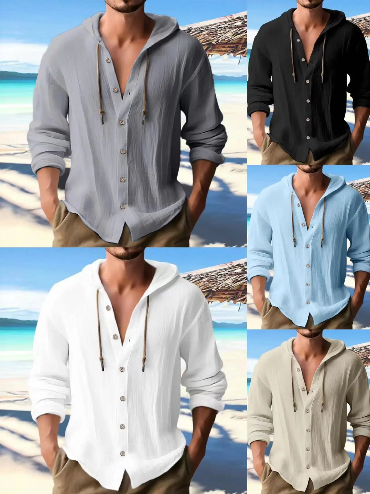 Summer Men's Linen Shirt Solid Street wear Long Sleeve Hoodie Cardigan Button Casual top