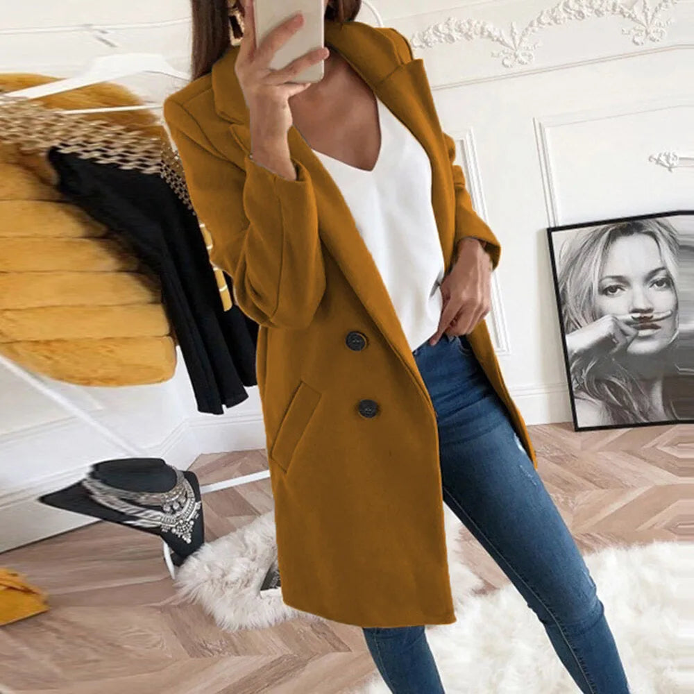 Thermal Solid Woolen Coat Women Turn-down Collar Mid-Length Plus Size Double-breasted Thick Coat