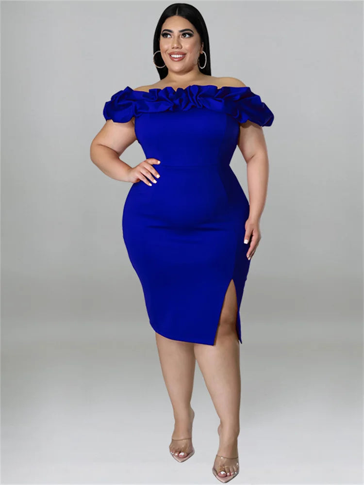 Plus Size Party Dress Ruffles Off Shoulder Solid Bodycon Elegant Midi Summer Dress