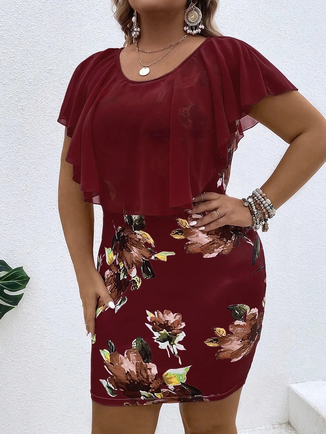 Women's 1XL-5XL Plus size New Chiffon Round Neck Mesh Printed Large Loose Hip Dress for Women