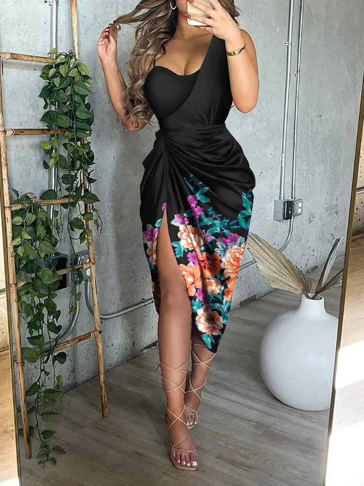Women Elegant Wedding Guest Cocktail Party Dress Sexy Sleeveless Ruched High Slit Wrap Dress Slim Bodycon Midi Dress.  S-2x