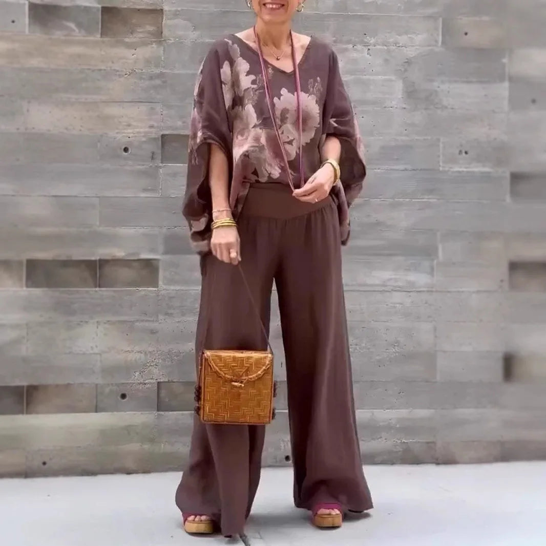 Casual Two Piece Women Spring and Summer Flower Print Short Sleeve Shirt Wide leg Trousers Fashion Suit.  S-3XL