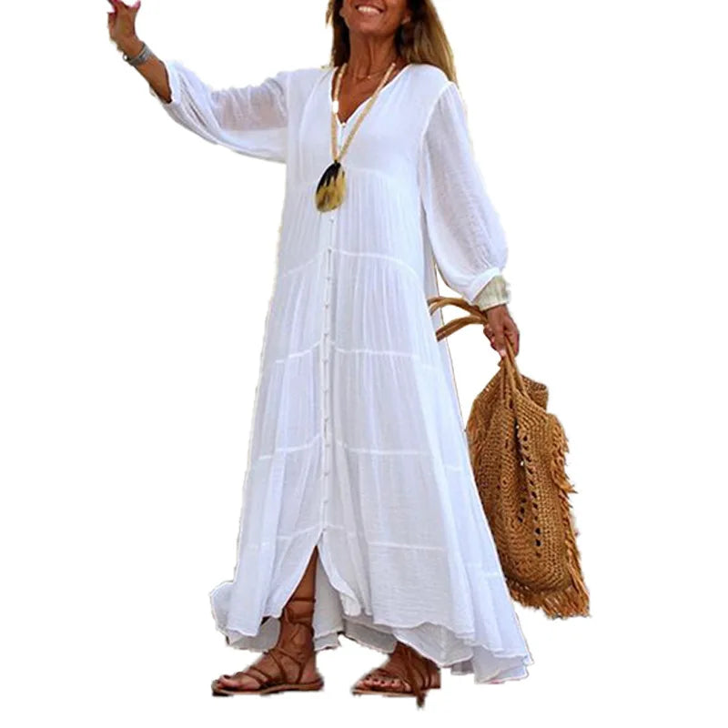 Women's Summer And Autumn Bohemian Solid Color V-Neck Loose Long Sleeve Cotton And Linen Dress