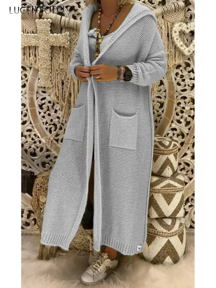 Long Sweater Women Knitted Cardigan Autumn Winter Solid Color Loose Hooded Pocket Casual Fashion Sweater.