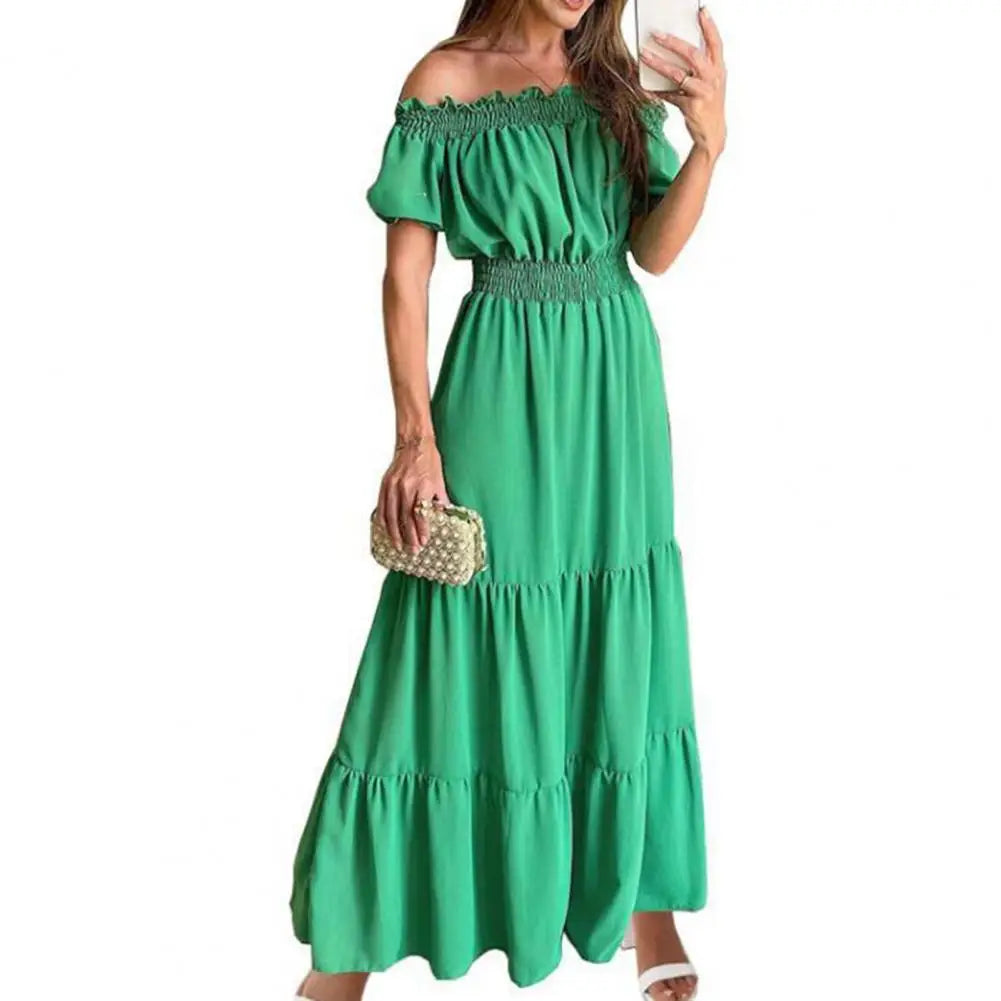 Women Dress Solid Puff Short Sleeves Elastic Waist Casual A-Line High-Waist Off Shoulder Maxi Dress.