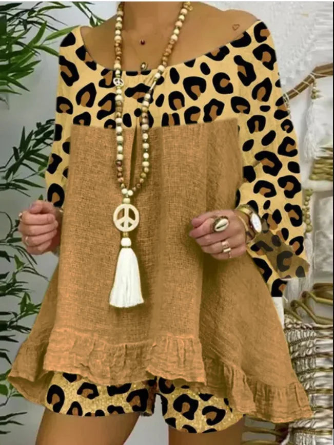 Women 2025 2 Piece Spring Summer Bohemian Casual Leopard Print Loose Fit Outfit.  S-3XL