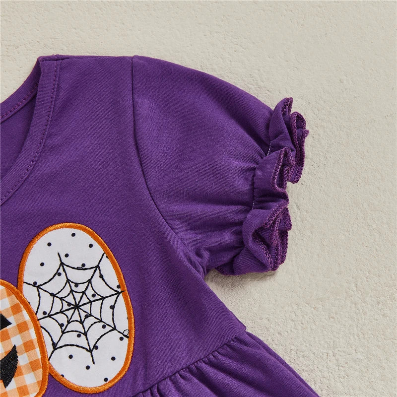 Toddler Baby Girl Halloween Outfit Pumpkin Letter Embroidery Short Sleeve Babydoll Tops Dot Ruffled Long Pants 2Pcs Set.