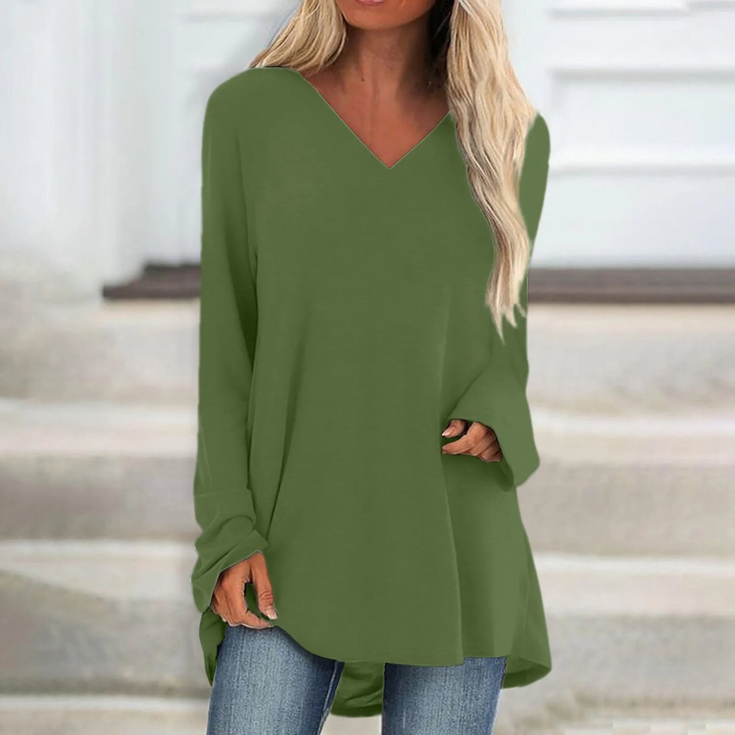 Women's Summer T-shirt Casual Long Sleeve V-Neck Solid Colour Loose Long Blouse/Shirt.  S-3xl