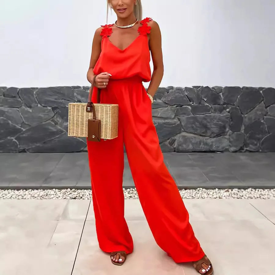 Spring Summer Sexy Jumpsuit Fashion Waist Relaxed Sleeveless Elegant Jumpsuit .  S-XL
