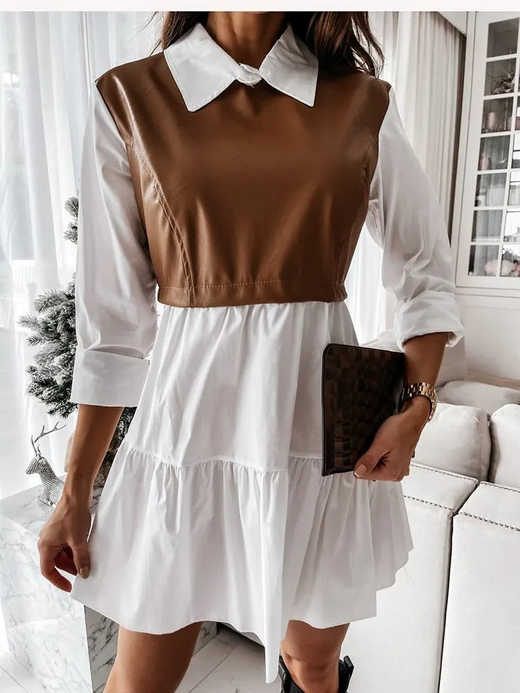 Summer Casual Long Sleeve Shirt/ Dress For Women PU Leather Sweet Lady Mini Dresses.  S-2X