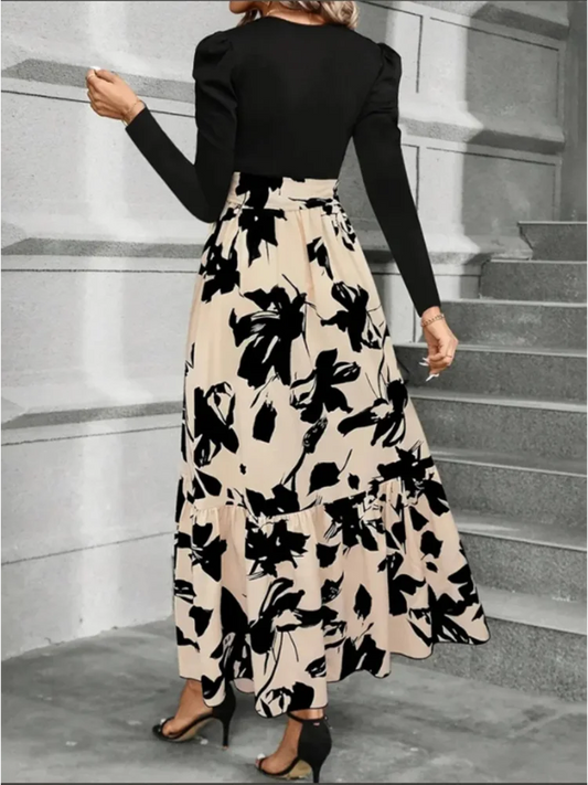 Women's Floral Print A-Line Dress - Long Sleeve Color Block Party Dress S-2X