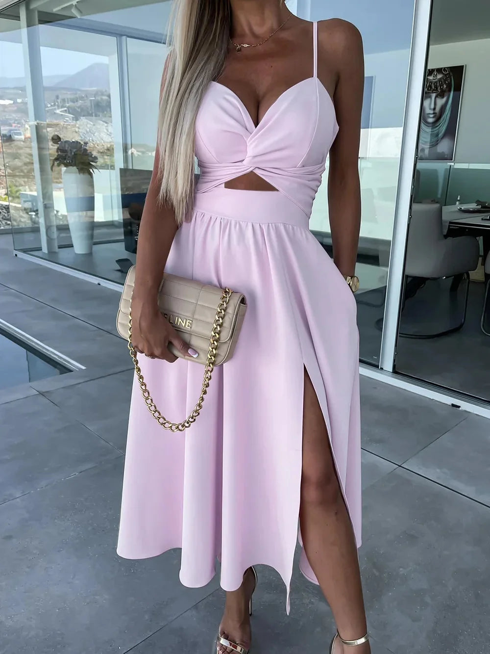 New Style Women's Sexy elegant V Neck  Open-Back Medium Length Dress.