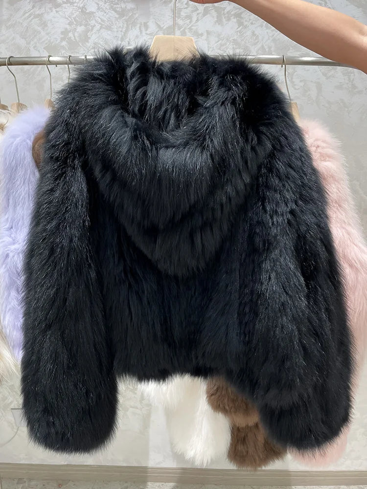 New Winter Real Fur Coat Natural Fox Fur Coat With Hood .