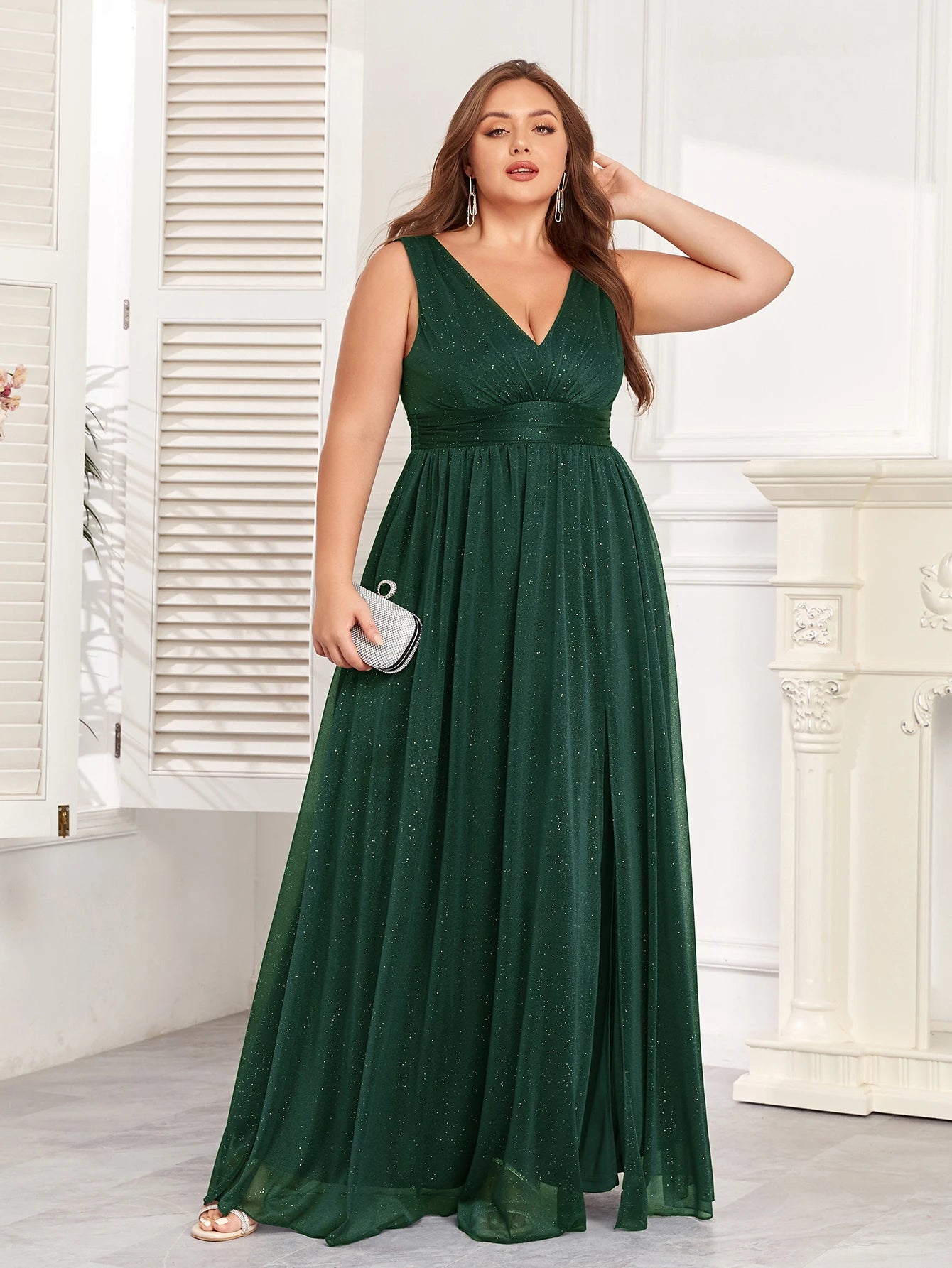 New Sparkling Chiffon Evening Gown Double V-Neck A-line Bridesmaid /Party Dress Side Slit Floor Length Dress.  S-4X