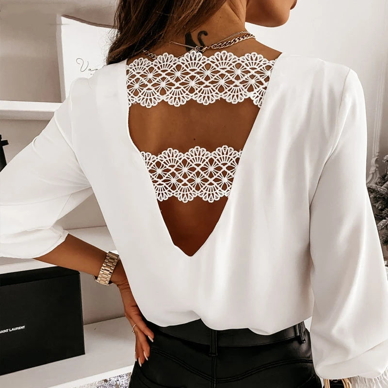 Fashion Hollow Lace Stitching Pullover Chic Back V-shaped Stylish Sexy V-neck Long Sleeve  Elegant Blouse.  S-XXL