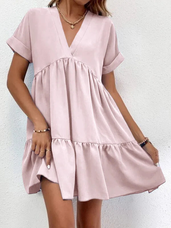 Women's Casual Short Skirt Fresh  Sweet V-neck Cake Solid Color Big Swing Elegant Summer New Solid Color Holiday Mini Dress